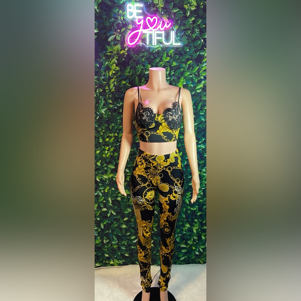 Black and Gold Lace Bralette and Pants Set